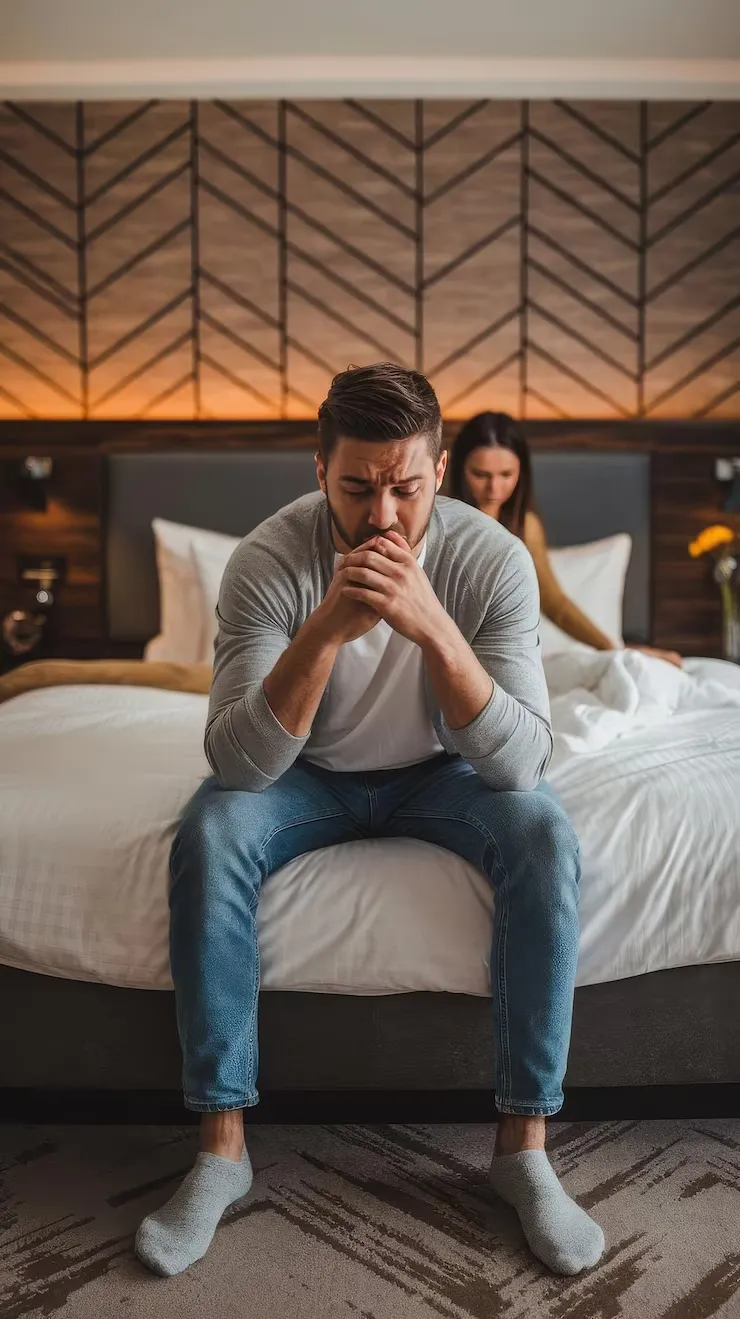 Frustrated man sitting on bed